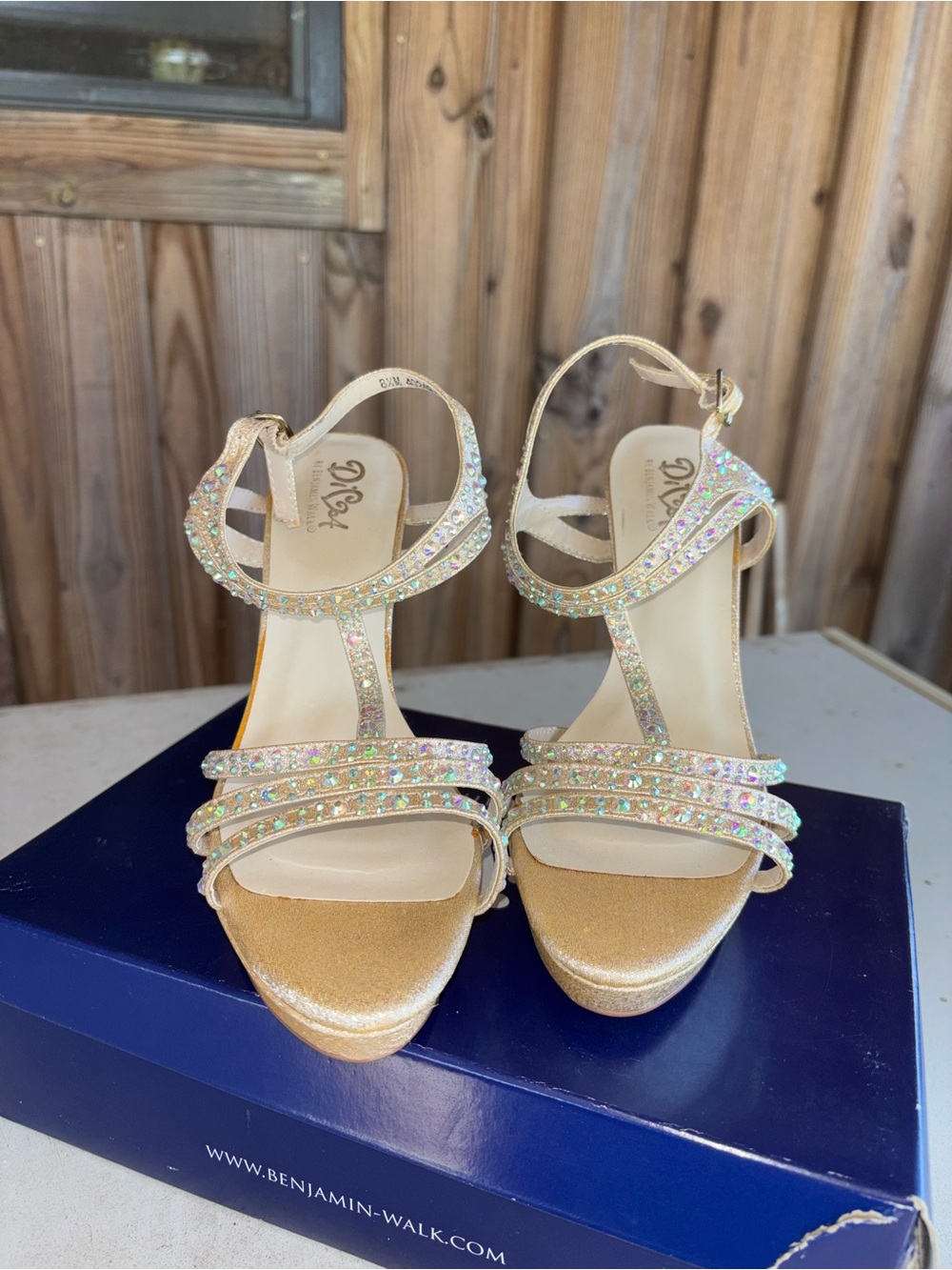 Benjamin Walk Iridescent Gold T-Strap Rhinestone Heels - Picture 2 of 8
